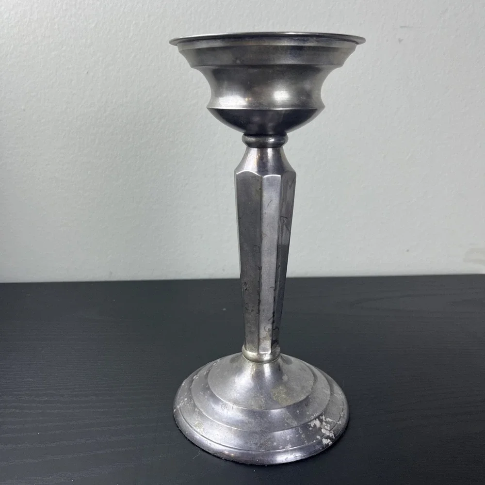 Crate & Barrel‎ Antique Silver Pillar Candle Holder 8.35